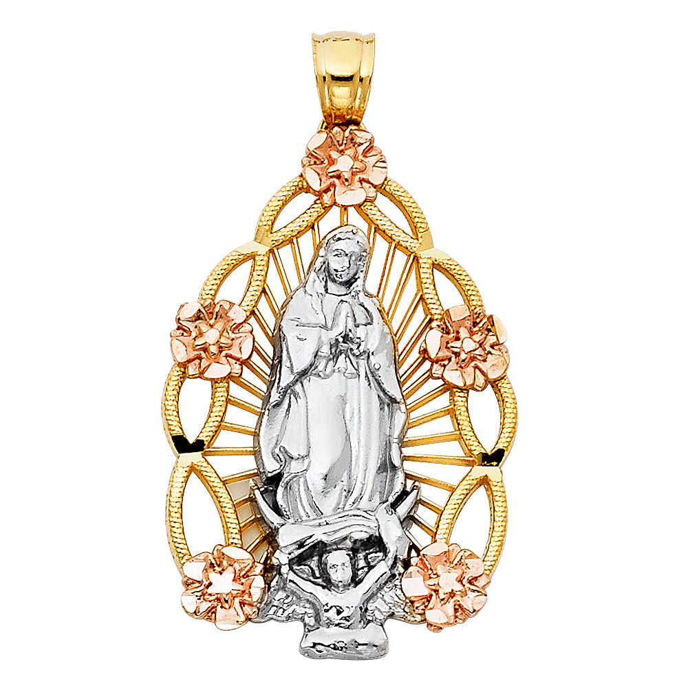 14k Tri-Color Gold Bright Colorful Virgin of Guadalupe Pendant Mexico City Charm