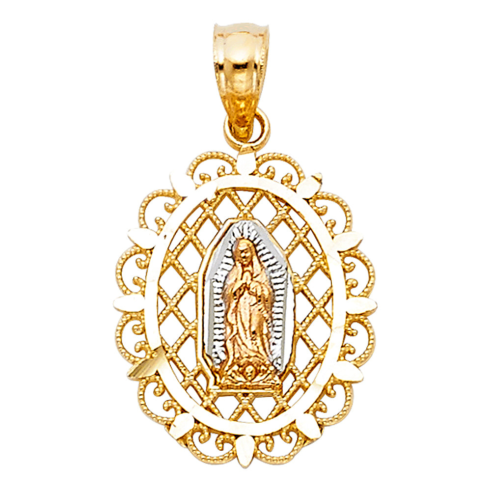 14k Tri-Color Gold Bright Colorful Virgin of Guadalupe Pendant Filigree Charm