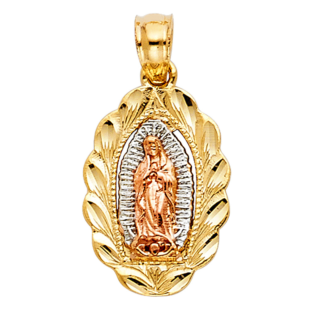 14k Tri-Color Gold Bright Colorful Virgin of Guadalupe Pendant Diamond-Cut Charm