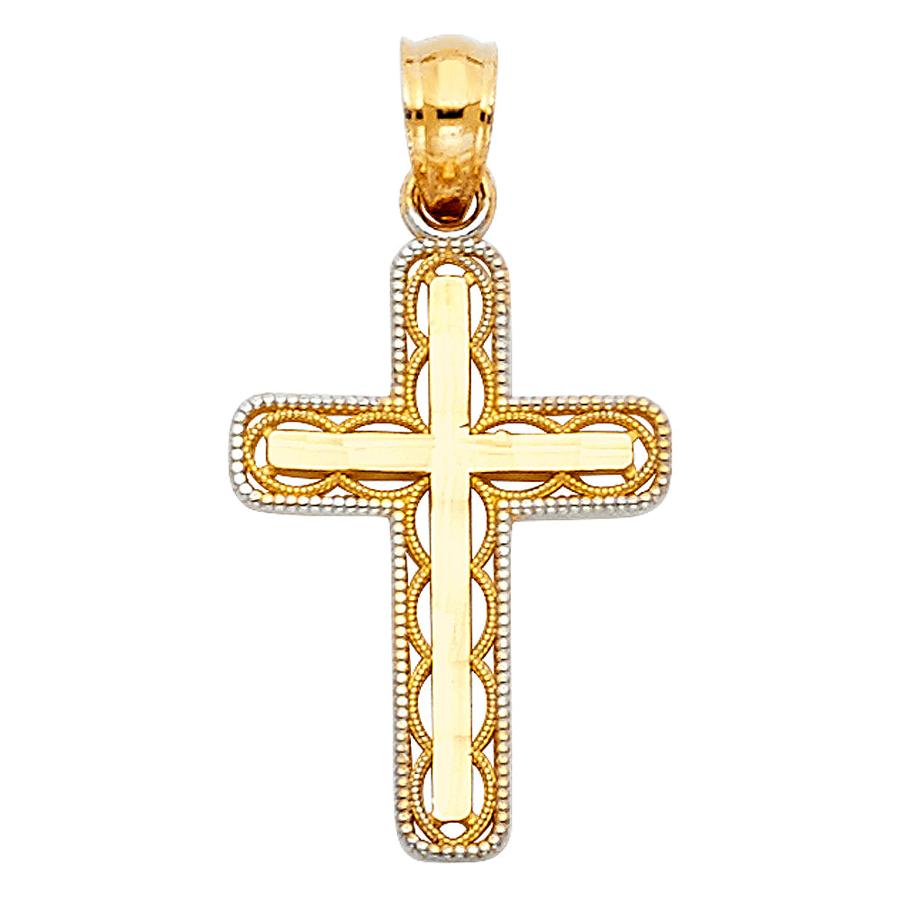 14k Two-Color Gold Modern Cross Pendant High Polish Elegant Vintage Bead Charm