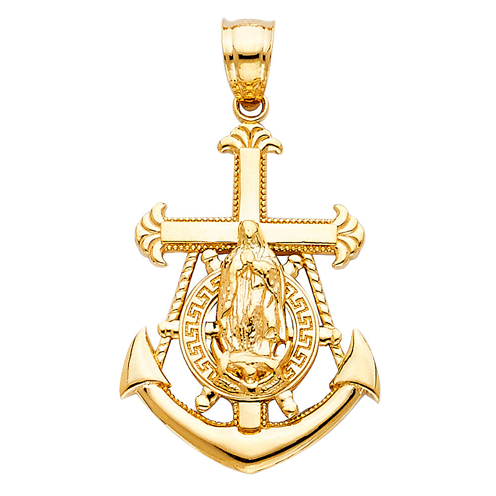 14k Yellow Gold 3D Precision Mariners Sant Mary Anchor Cross Pendant Charm