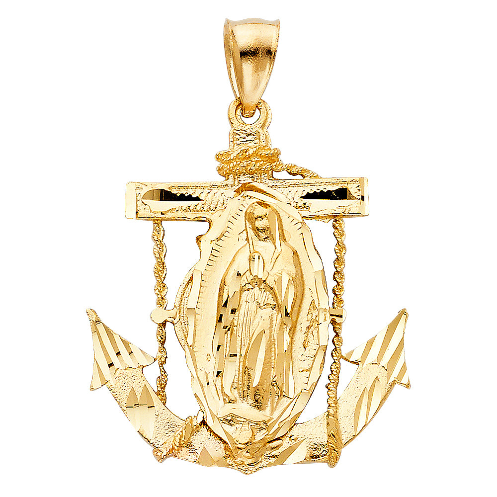 14k Yellow Gold Saint Guadalupe Mariners Cross Pendant Diamond-Cut Charm