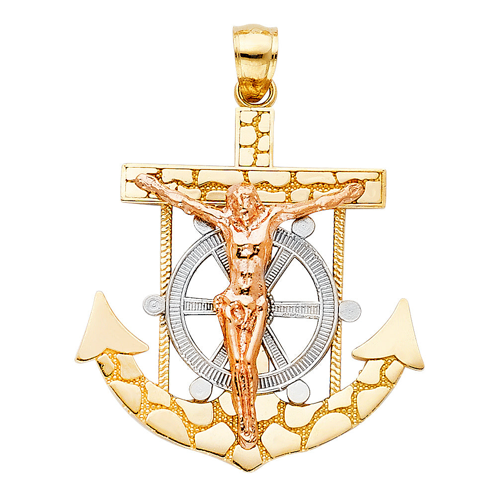 14k Two-Color Gold 3D Latin Design Catholic Anchor Cross of Christ Pendant Charm