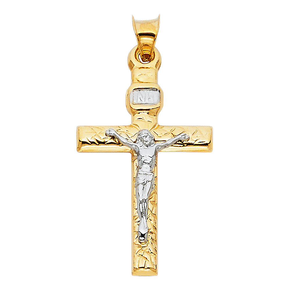 14k Yellow & White Gold Polished Cross Pendant Crucifix Jesus Christ Faith Charm