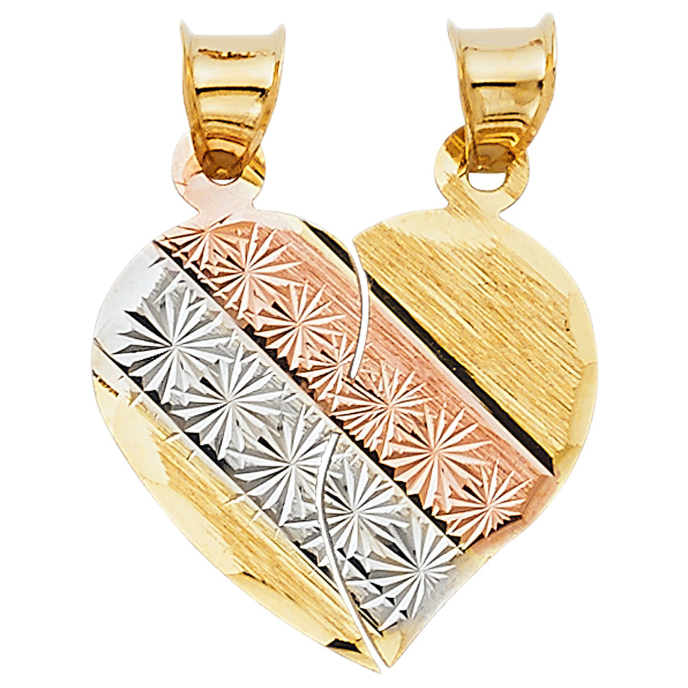 14k Tri-Color Gold Precision-Cut Fancy Design Colorful Break Apart Heart Pendant