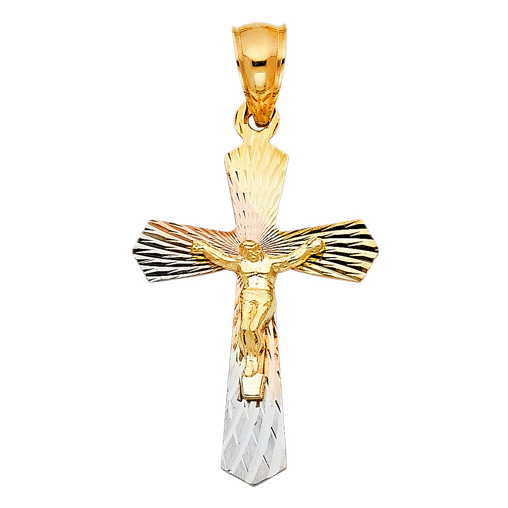 14k Tri-Color Gold Latin Design 3D Precision Religious Crucifix Cross Pendant