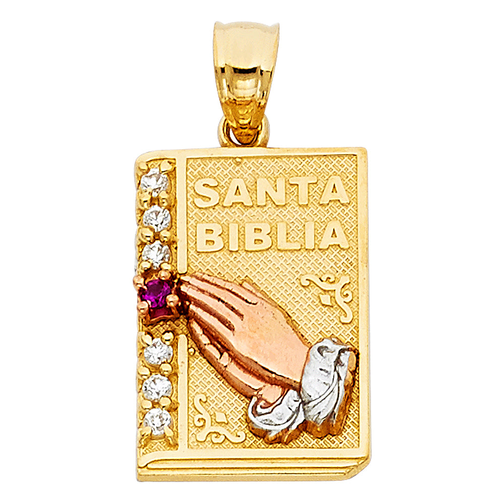 14k Tri-Color Gold Holy Bible Medal Santa Biblia Medalla Pendant Christian Charm