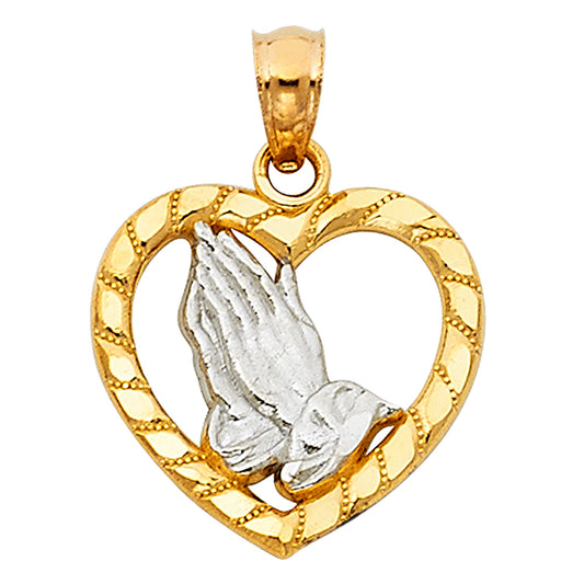 14k Yellow & White Gold Hear Our Prayer Praying Hands Heart Medal Pendant Charm