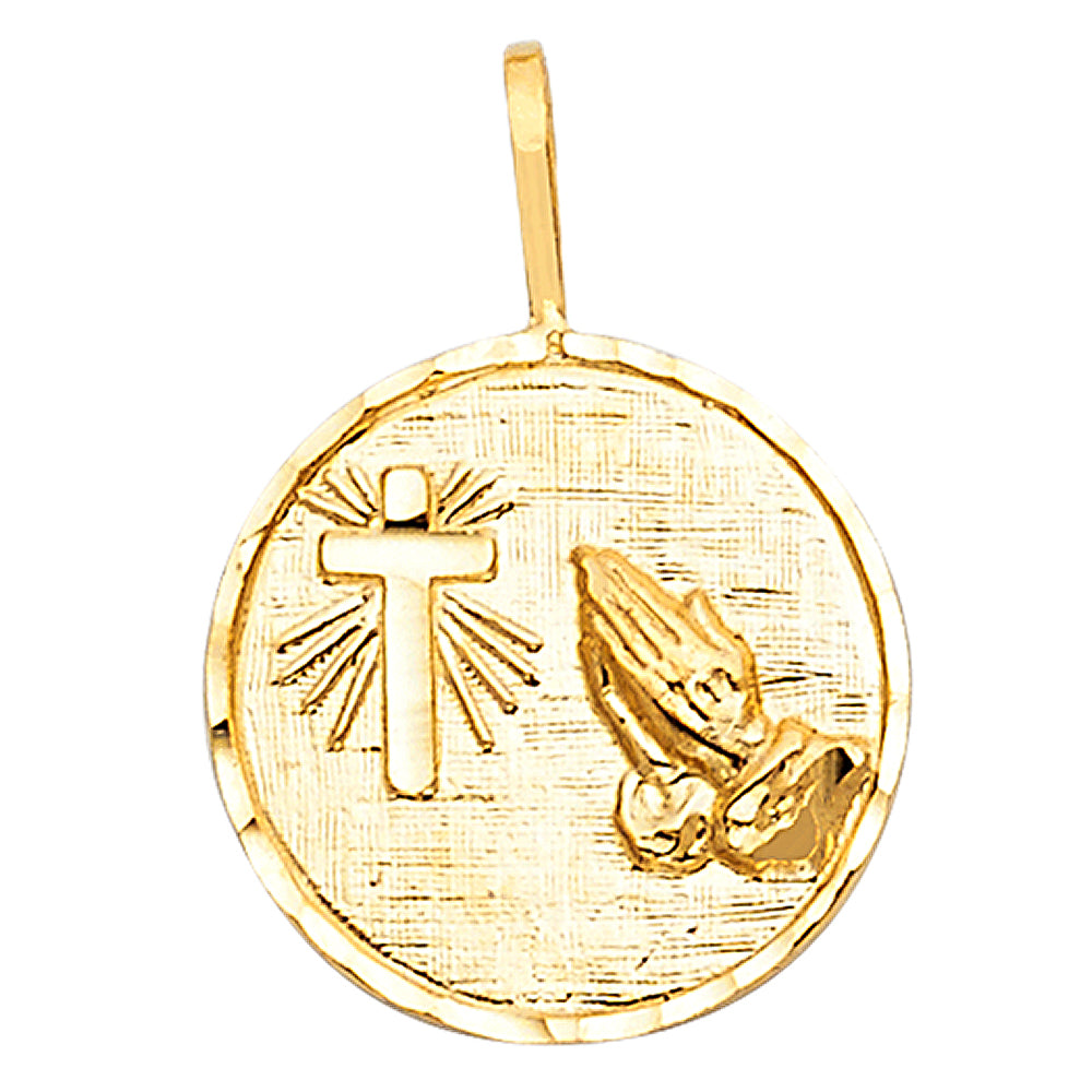 14k Yellow Gold Glory Be to God Praying Hands Prayer Medal Pendant Baptism Charm