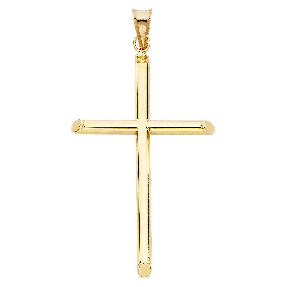 14k Yellow Gold Tubular Cross Pendant Round Plain Shiny Simple Classic Charm