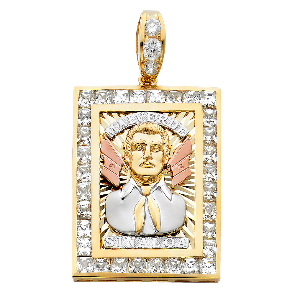 14k Tri-Color Gold Jesus Malverde Bright Colorful Medallion Pendant Halo Charm