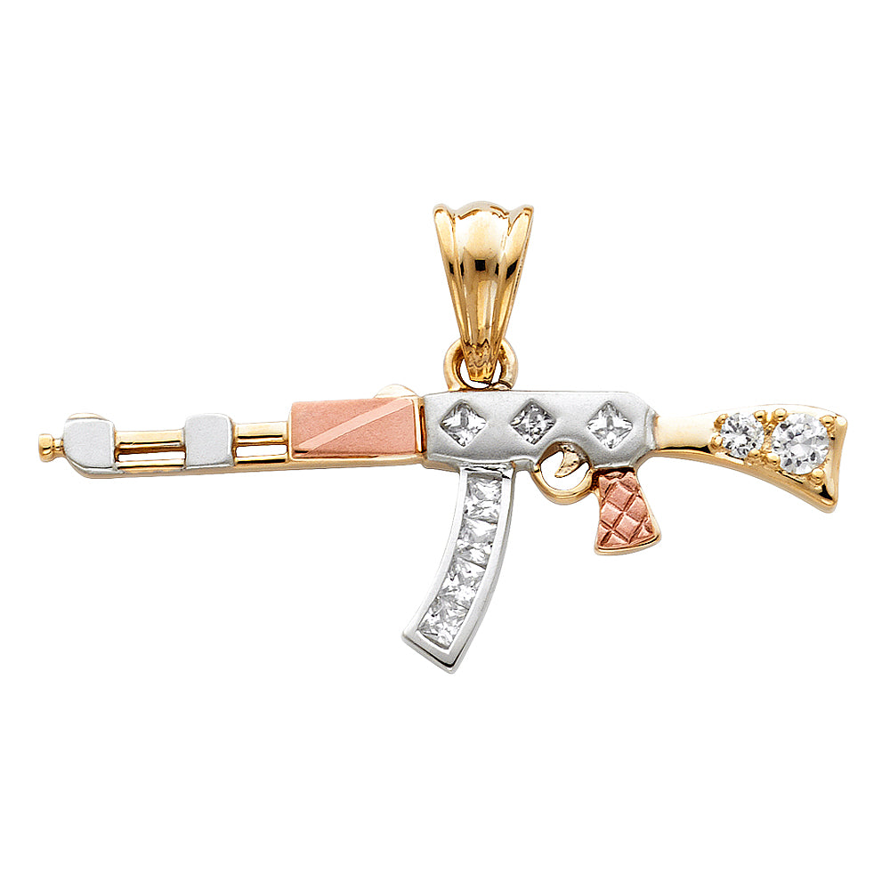 14k Tri-Color Gold Rifle Gun Pendant Clear CZ Combat Army AK-47 Firearm Charm