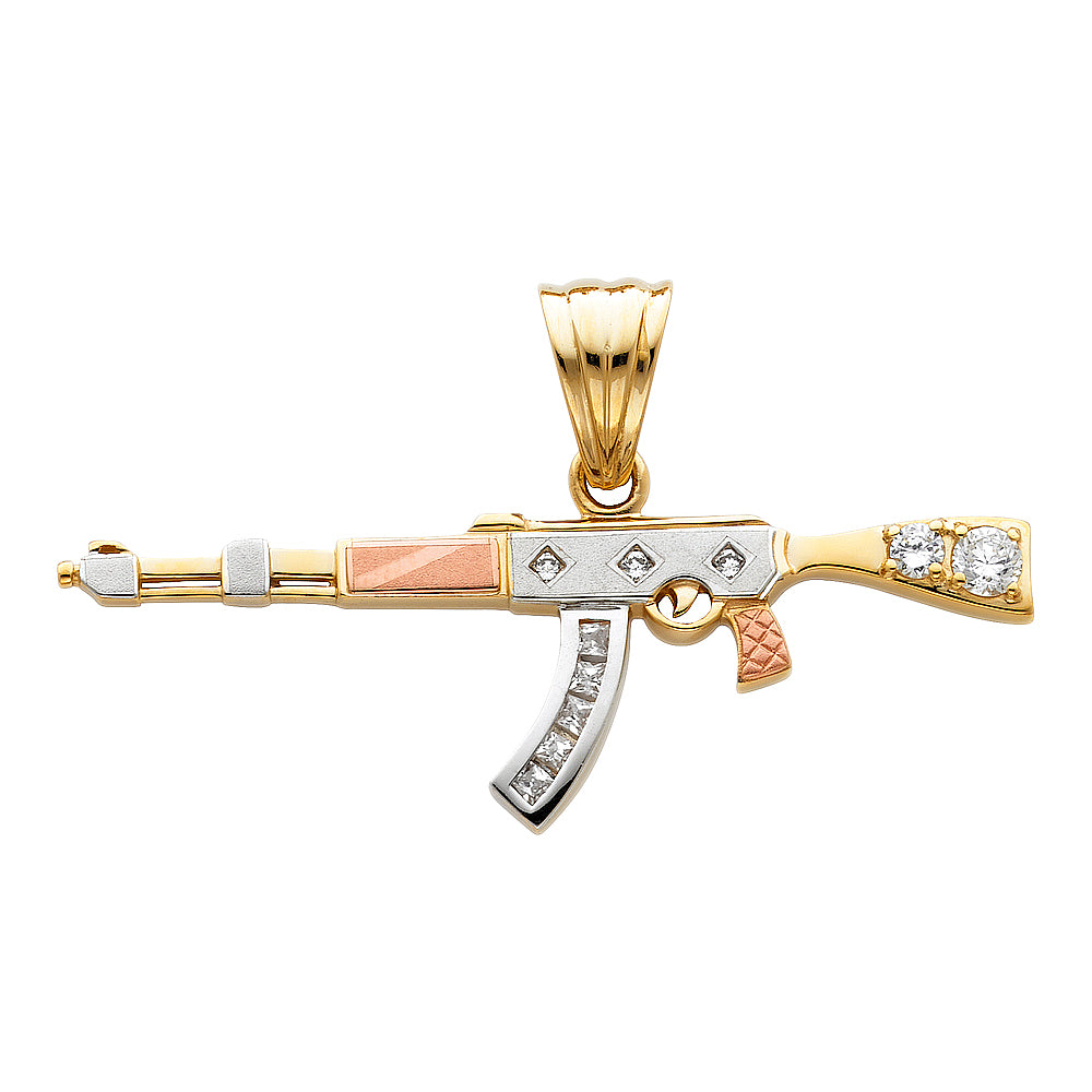 14k Tri-Color Gold AK-47 Assult Rifle Gun Pendant Shoot Clear CZ Firearm Charm
