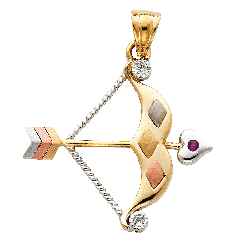 14k Tri-Color Gold Bow and Arrow Pendant Promise Love Faith Hope Heart Charm