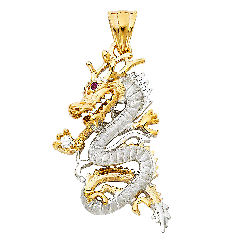 14k Two-Color Gold Mythical Monster 3D Colorful Dragon Pendant Chinese Charm
