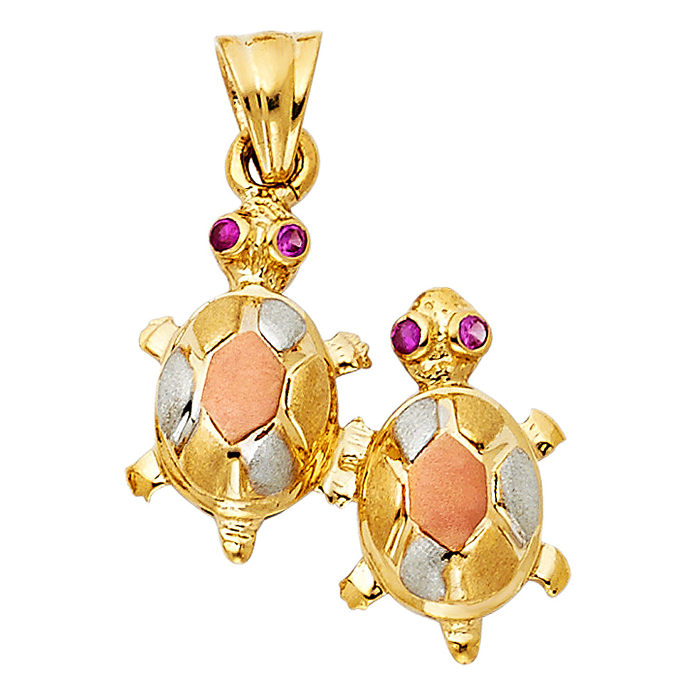 14k Tri-Color Gold Pair of Tortoise Walking Twin Baby Turtles Pendant Charm