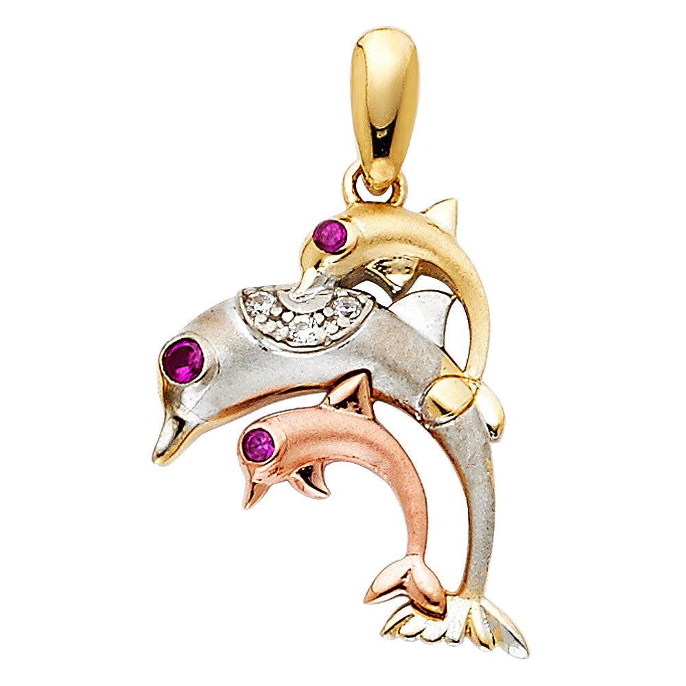 14k Tri-Color Gold 3D Precision-Cut Dolphin Family Pod Swimming Pendant Charm