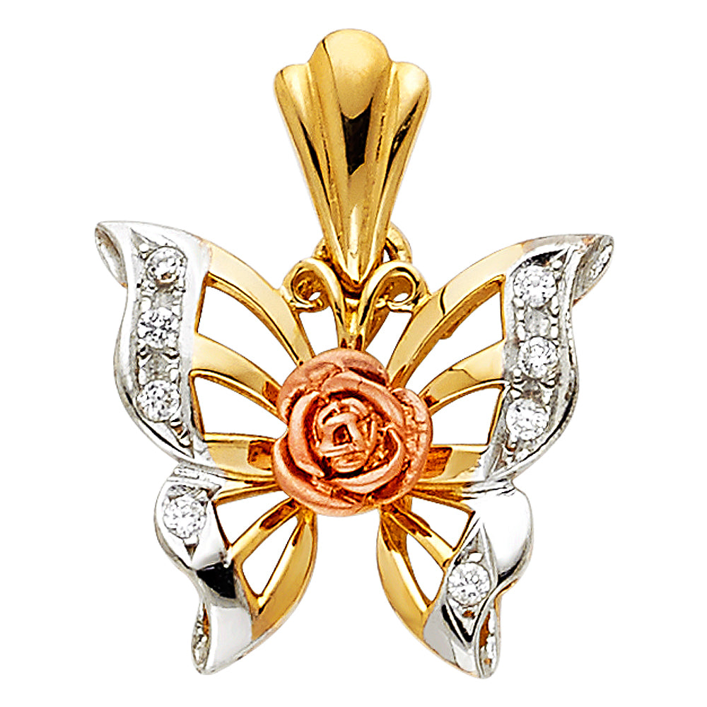 14k Tri-Color Gold Colorful Rose Flower Beautiful Butterfly Pendant Charm