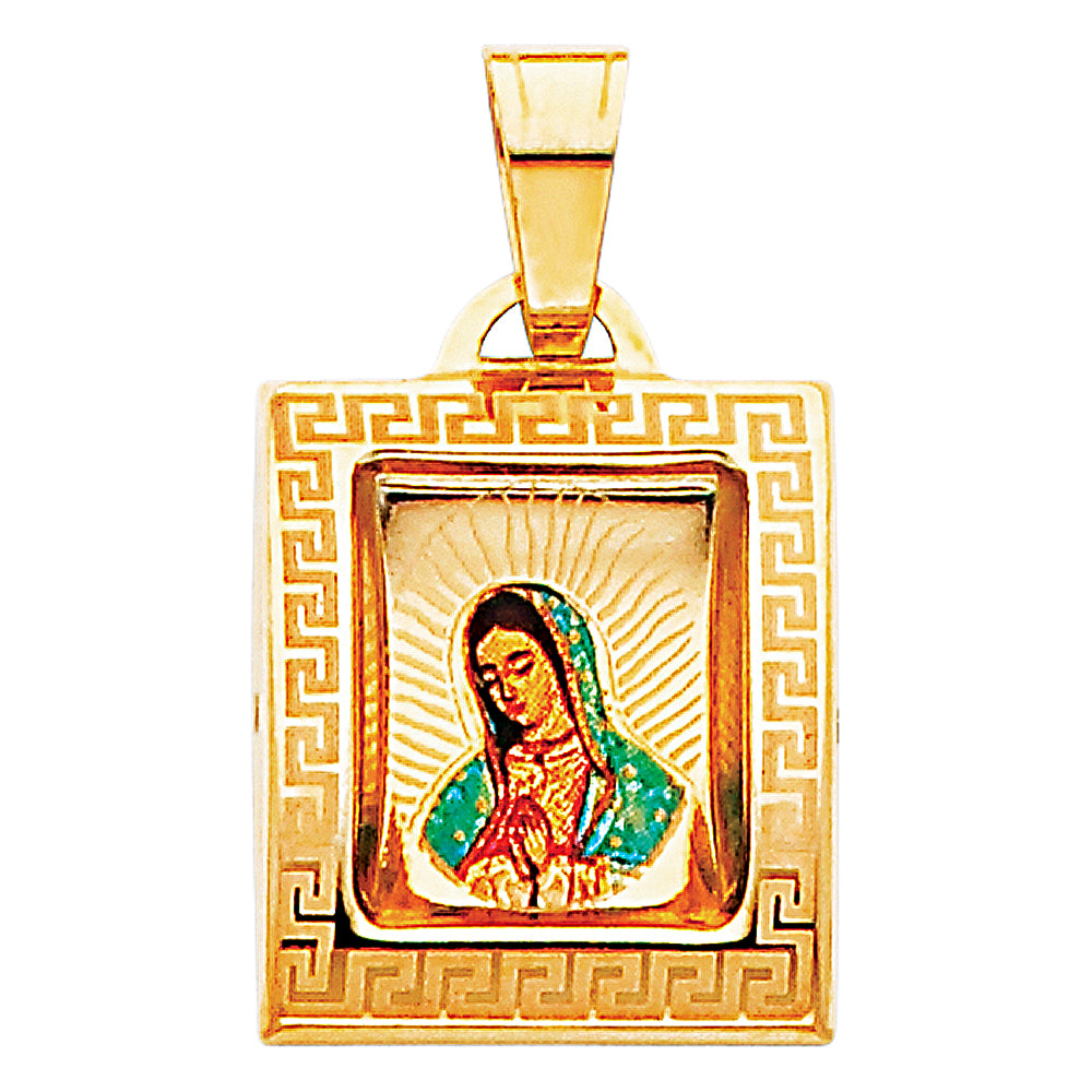 14k Yellow Gold Lady of Guadalupe Pendant Diamond-Cut Greek Key Burst Charm