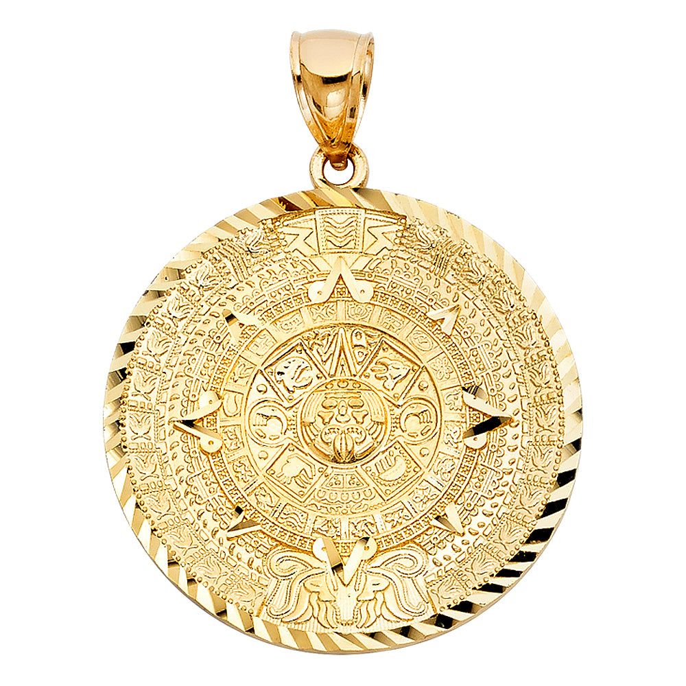 14k Yellow Gold Bold Aztec Medallion Pendant Ornate Calendar Flat Sun Charm