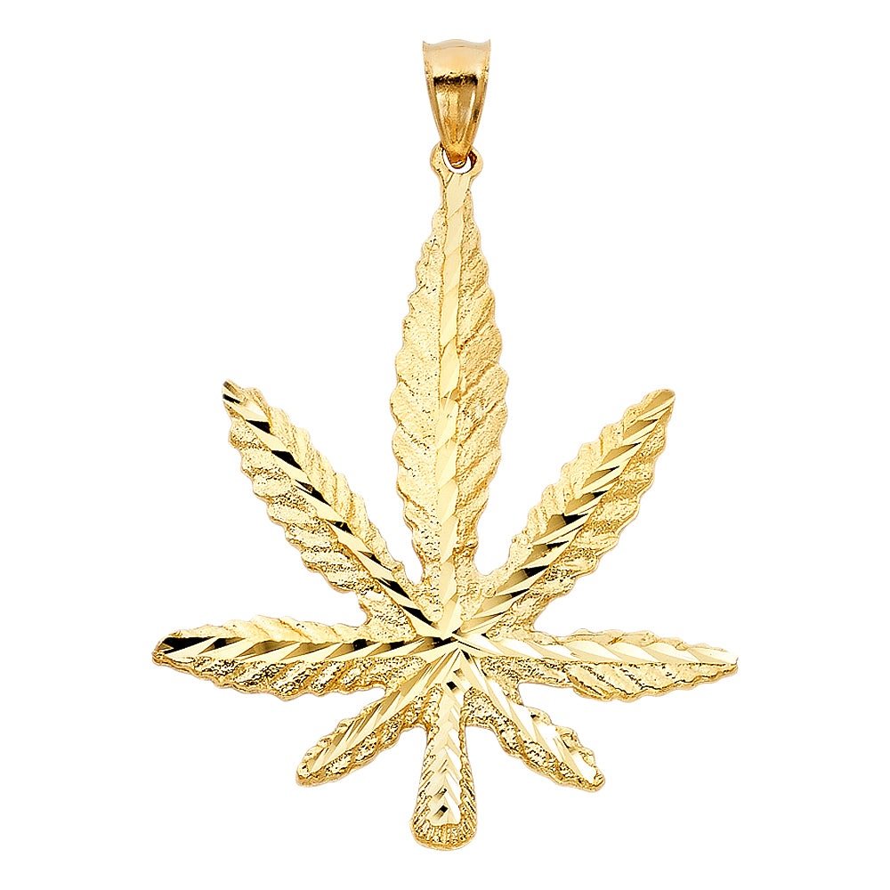 14k Yellow Gold Diamond-Cut Pot Leaf Pendant Marijuana Weed 420 Charm
