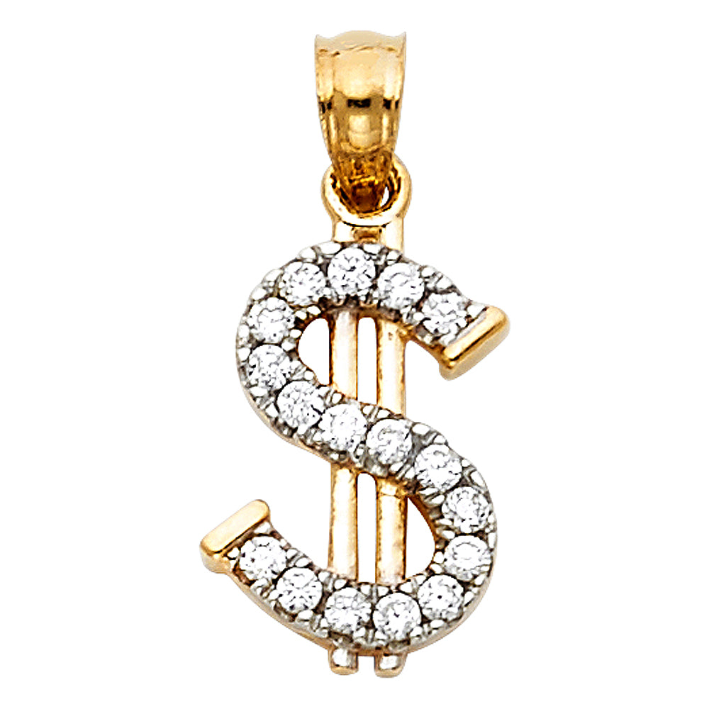 14k Yellow Gold Clear CZ Dollar Sign $ Pendant Money Symbol Bling Rich Charm