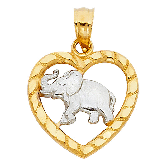 14k Two-Color Gold Good Fortune Lucky Elephant Heart Pendant Diamond-Cut Charm