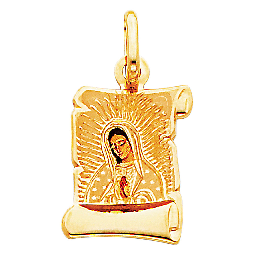 14k Yellow Gold Virgin of Guadalupe Pendant High Polish Scroll Mary Charm