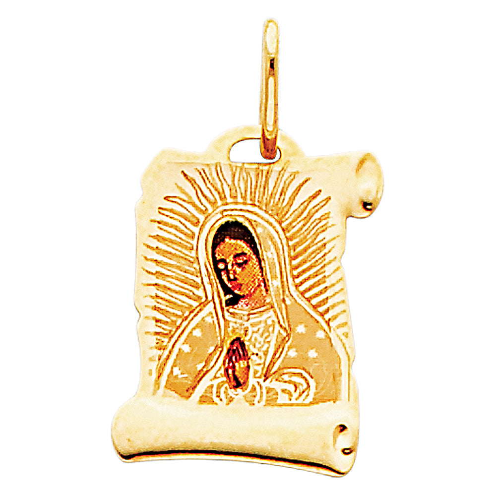 14k Yellow Gold Lady of Guadalupe Pendant High Polish Scroll Classic Charm