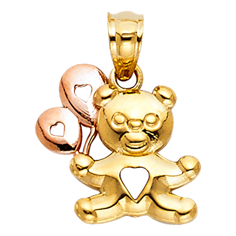 14k Two-Color Gold Teddy Bear Pendant Balloons Heart High Polished Charm