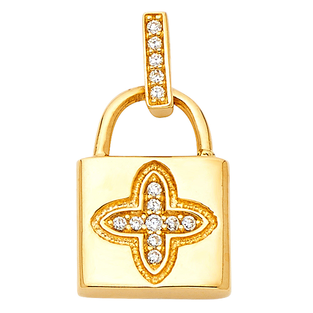 14k Yellow Gold Clear CZ Cross Love Lock Pendant Padlock Fashion Elegant Charm