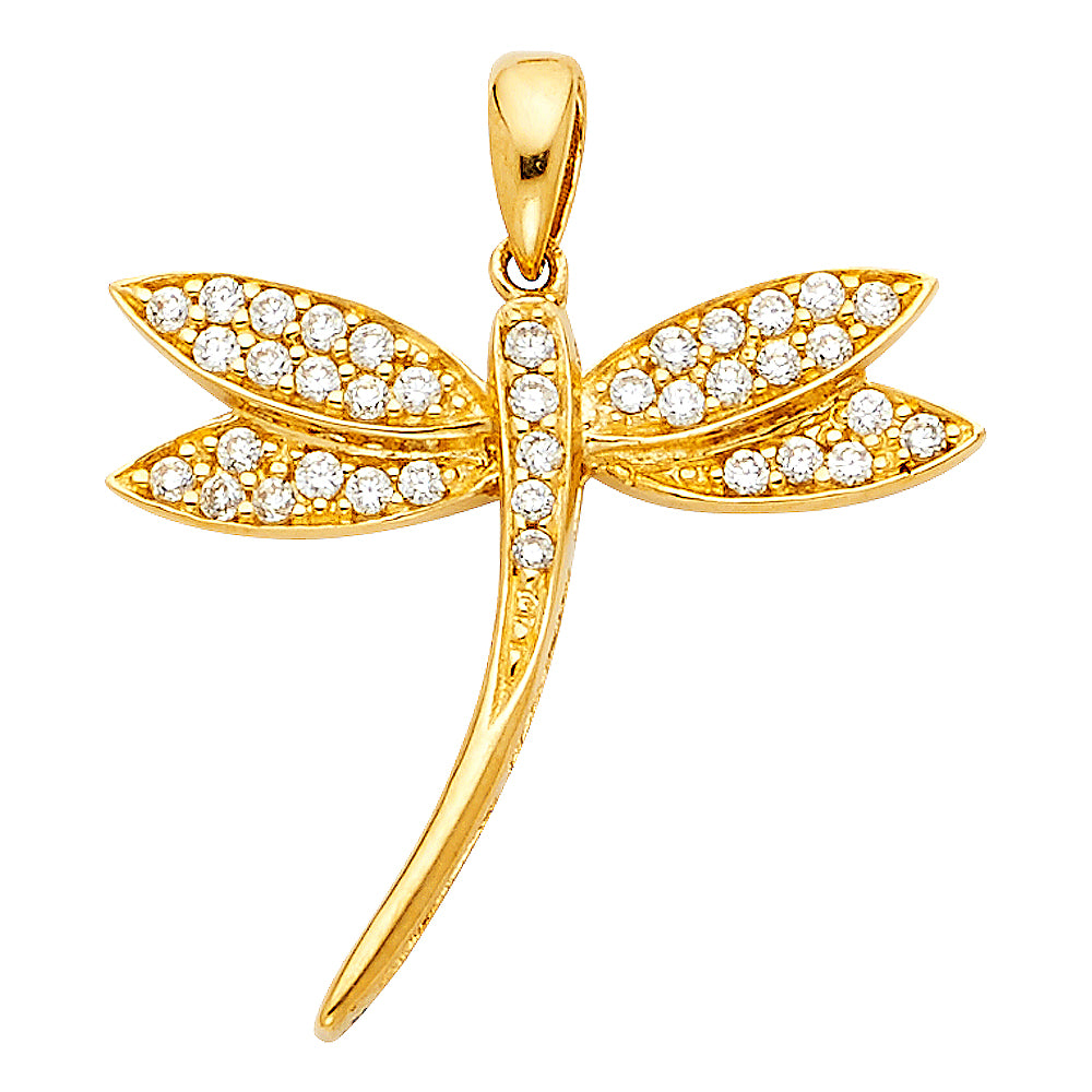 14k Yellow Gold Clear CZ Dragonfly Pendant Graceful Transformation Love Charm