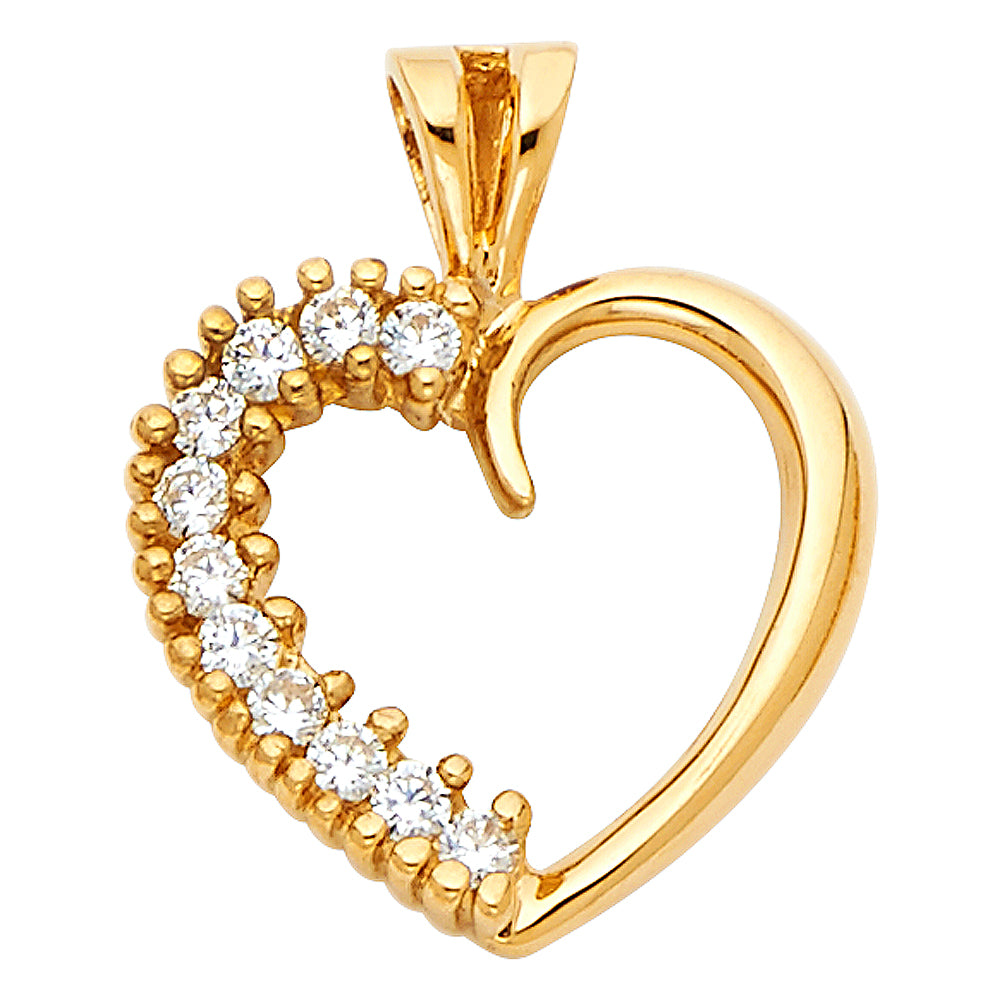 14k Yellow Gold Elegant Design Charming Heart Pendant Chic Clear CZ Love Charm