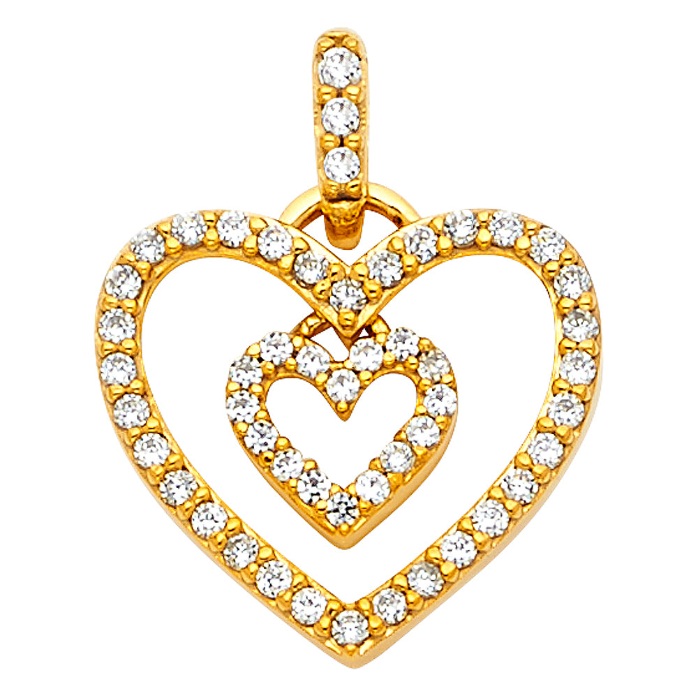 14k Yellow Gold Clear CZ Floating Heart Pendant Birthday Present Double Charm
