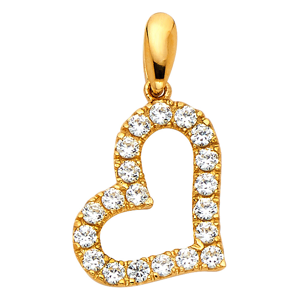 14k Yellow Gold Sparkling Clear CZ Tilted Heart Pendant Romantic Fashion Charm
