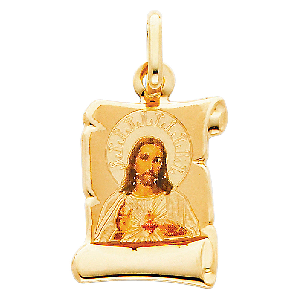14k Yellow Gold Jesus Christ Pendant High Polish Scroll Elegant Faith Charm