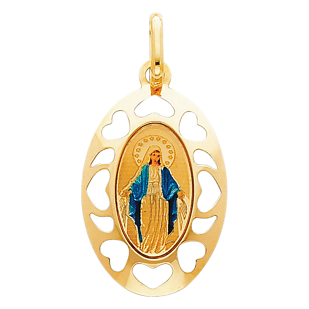 14k Yellow Gold Cutout Virgin Mary Pendant Jesus Christ Biblical Heart Charm