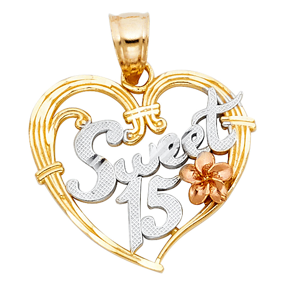 14k Tri-Color Gold Gift for Girls Quinceanera Sweet 15 Heart Pendant