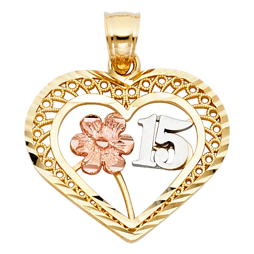 14k Two-Color Gold Gift for Girls Quinceanera Sweet 15 Heart Pendant