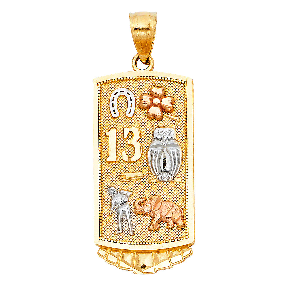 14k Tri-Color Gold Good Luck Charm Pendant Lucky 13 Shamrock Clover