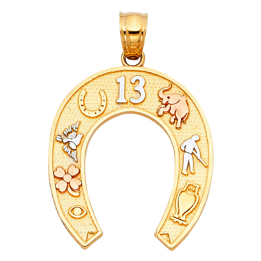 14k Tri-Color Gold Good Luck Charm Pendant Horseshoe 13 Elephant Owl