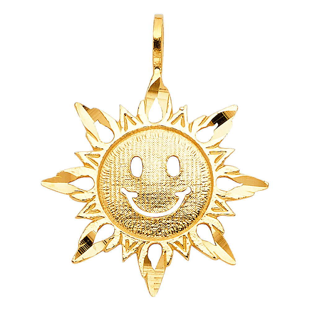 14k Yellow Gold Happy Face Sun Pendant Flame Sunshine Cutout Smile Charm