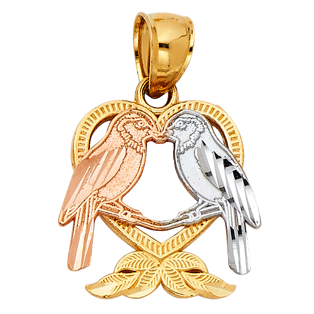 14k Tri-Color Gold Couples Love Birds Heart Pendant True Love Lovers Charm
