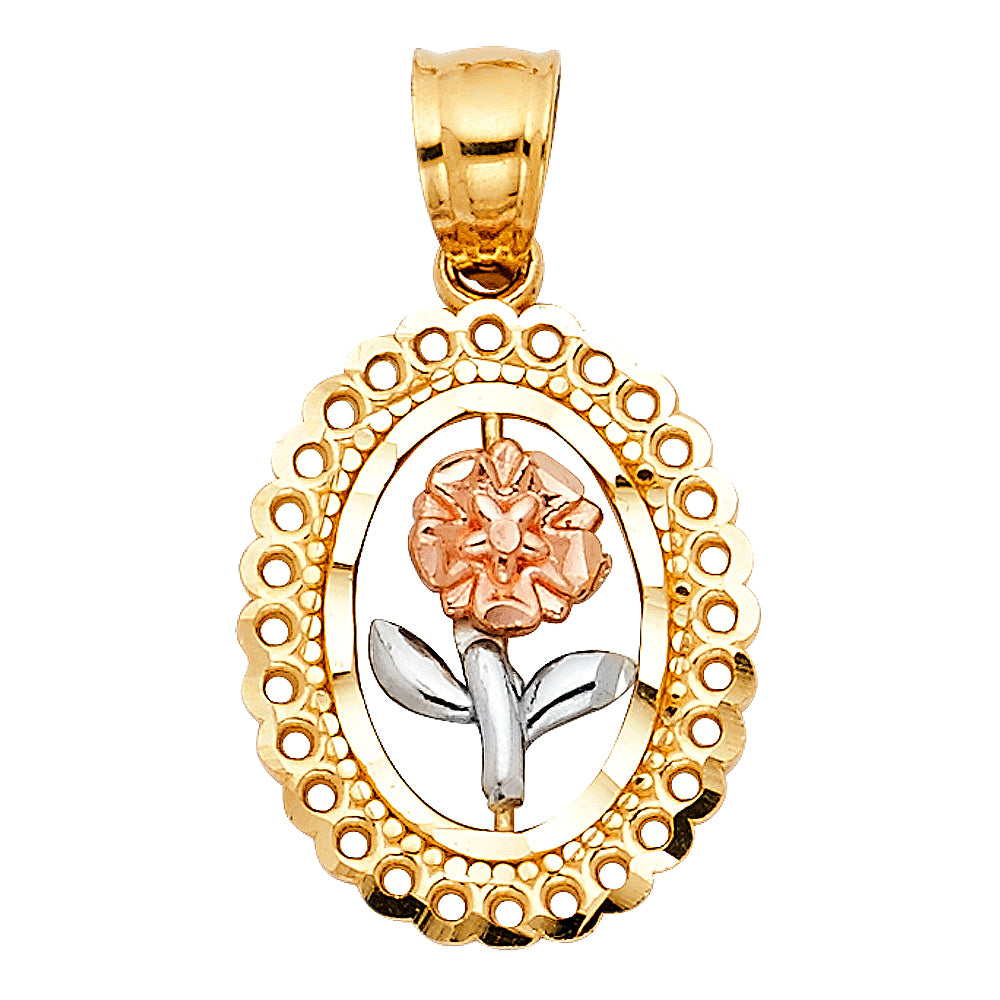 14k Tri-Color Gold Ornate Flower Pendant Vintage Medallion Cutout Rose Charm