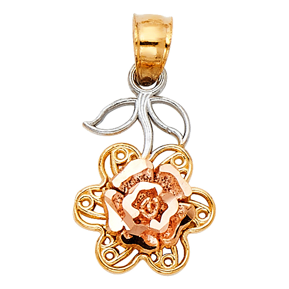 14k Tri-Color Gold Unique Upside Down Rose Pendant Flower Love Outline Charm