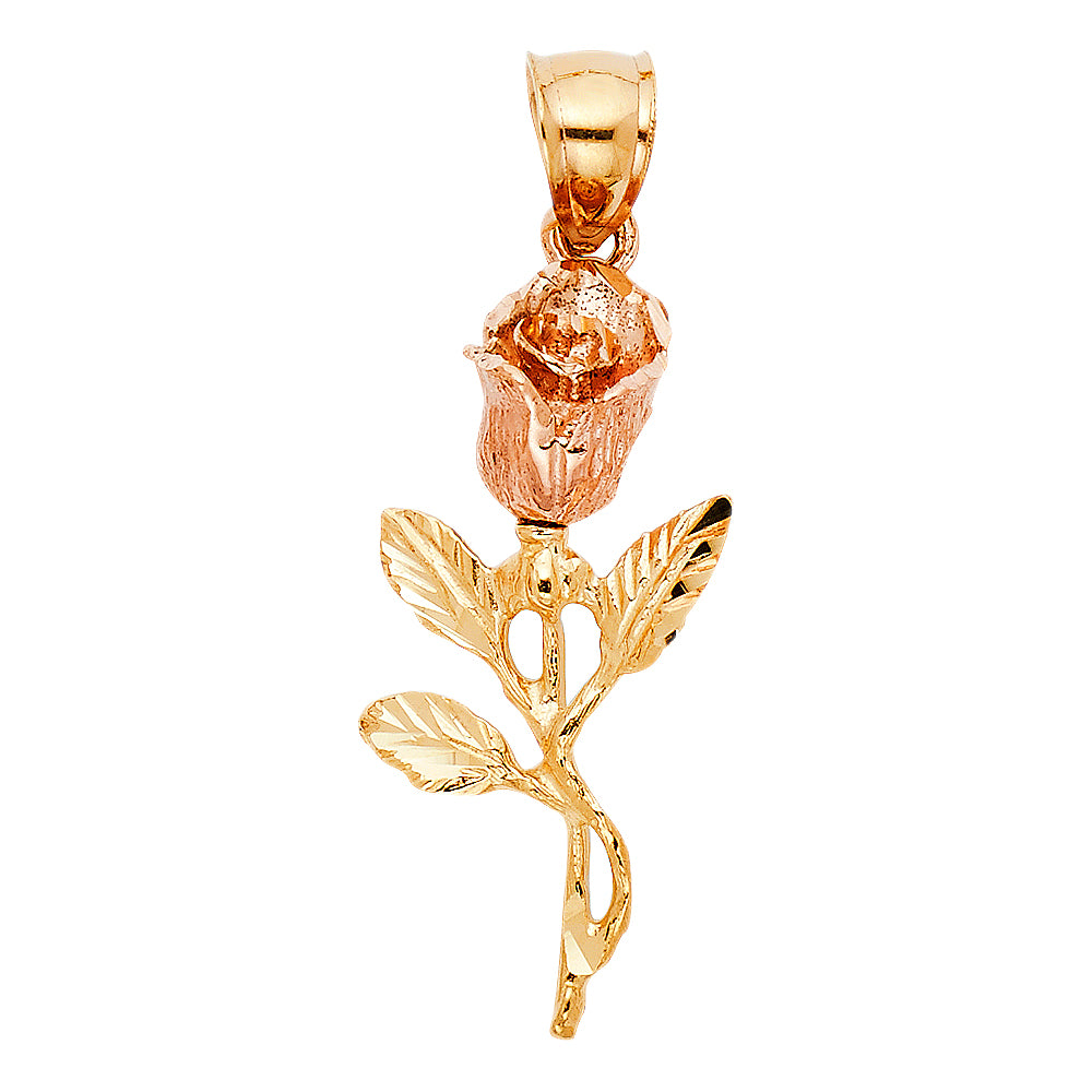 14k Two-Color Gold Elegant Vintage Rose Bud Pendant Leaf Vine Flower Charm