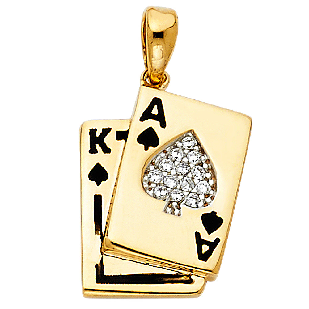 14k Yellow Gold Ornate Studded Ace of Spades Pendant Poker Bling Gambling Charm
