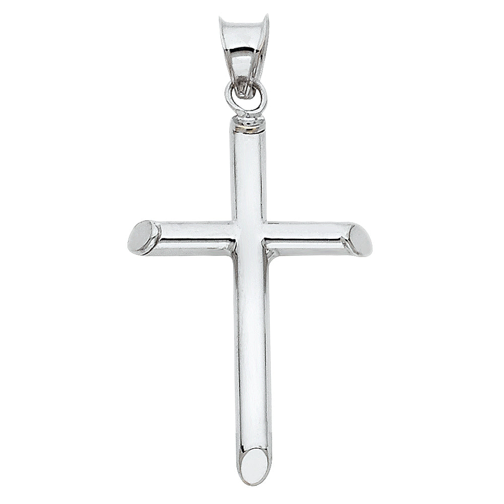 14k White Gold Rounded Cross Pendant Christ High Polish Shiny Classic Charm