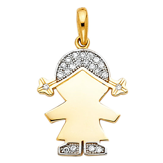 14k Yellow Gold Clear CZ Girl Pendant High Polished Fashion Charm