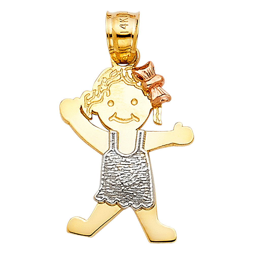 14k Tri-Color Gold Cute Detailed Happy Girl Pendant Mommy Bow Smile Charm